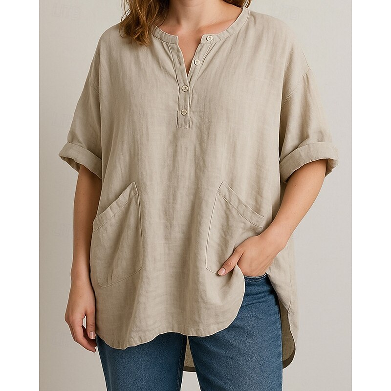 Women's Shirt Blouse Plain Modern Casual 3/4 Length Sleeve V Neck Regular Tops Daily Going out Pocket Asymmetric Hem Yellow Sky Blue Purple Khaki Fall