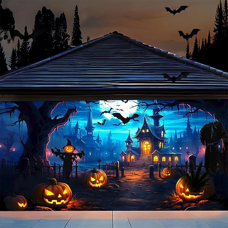 Halloween Garage Door Cover Large Hanging Backdrop Pumpkin Castle Dark Punk Gothic Style Party Outdoor Shooting Backgrounds Yard Haunted House Home Decor2