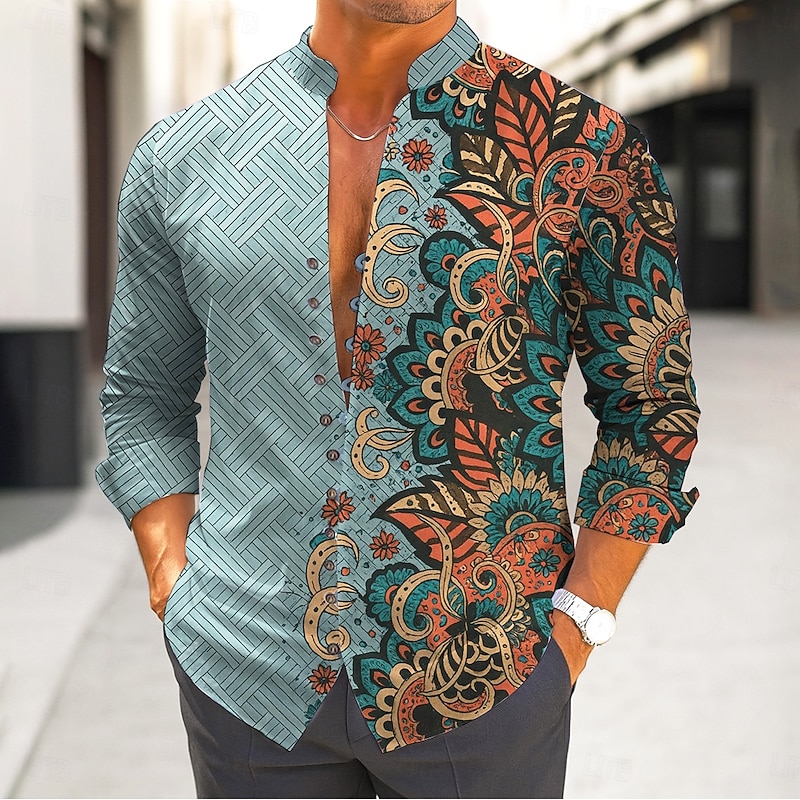 Men's Paisley Ethnic Flowers Shirt Stand Collar Shirt Long Sleeve Vintage Retro Vacation Casual Spring Fall Mandarin Collar Band Collar Button-Down Linen Like Shirt Pink Blue Green