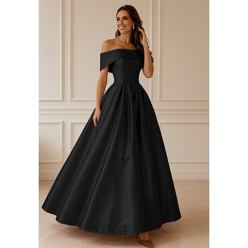 Pink Black A-Line Evening Gown Elegant Dress Formal Floor Length Short Sleeve Off Shoulder Pocket Satin with Ruched 20253