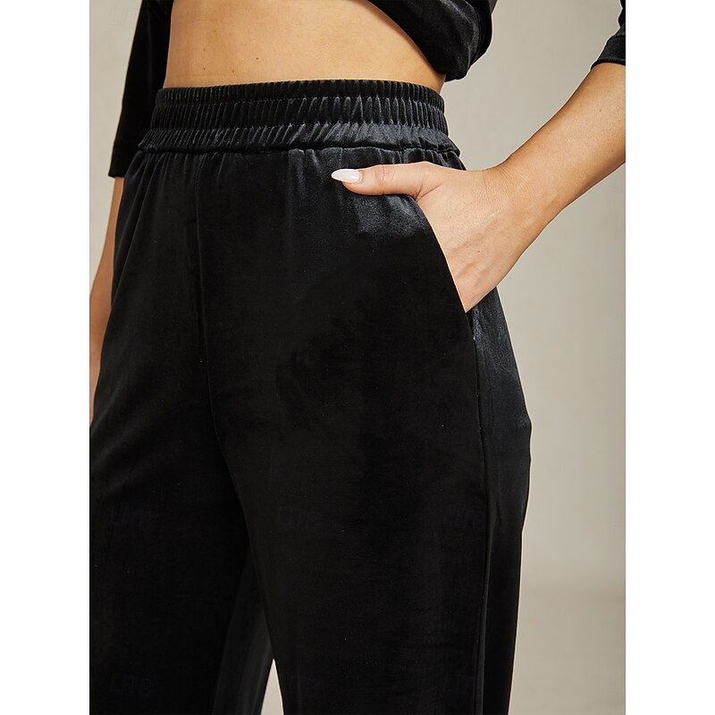 Women's Wide Leg Chinos Elegant Vintage Classic Style Ankle-Length High Waist Solid Color Elastic Waist Vintage Style Wide Leg Thermal Warm Comfy Stretchy Formal Wedding Party Black Spring Fall Winter4