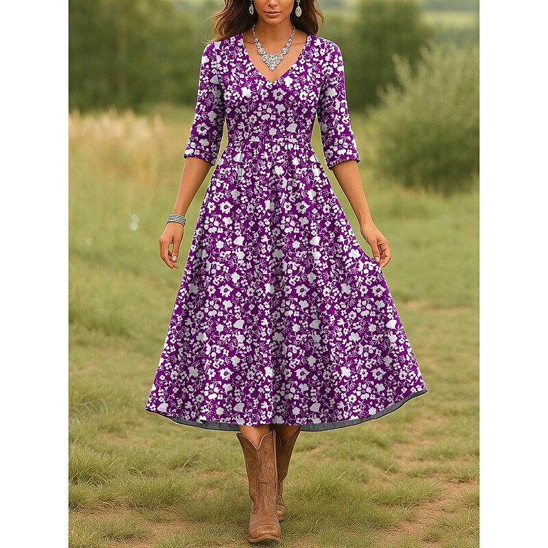 Women's Midi Dress Casual Dress A Line Dress Vacation Casual Regular Fit Floral Graphic Long Sleeve V Neck Red Blue Purple Green Spring Fall2