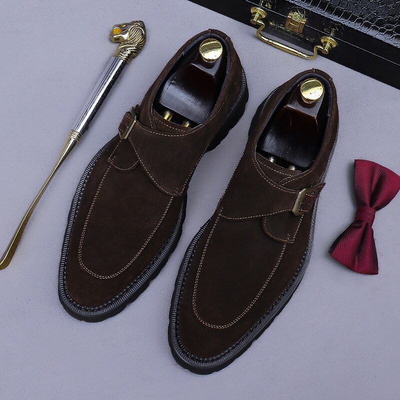 Men's Brown Suede Leather Monk Strap Shoes - Genuine First Layer Cowhide Classic Business Dress Footwear for Office and Formal Occasions3