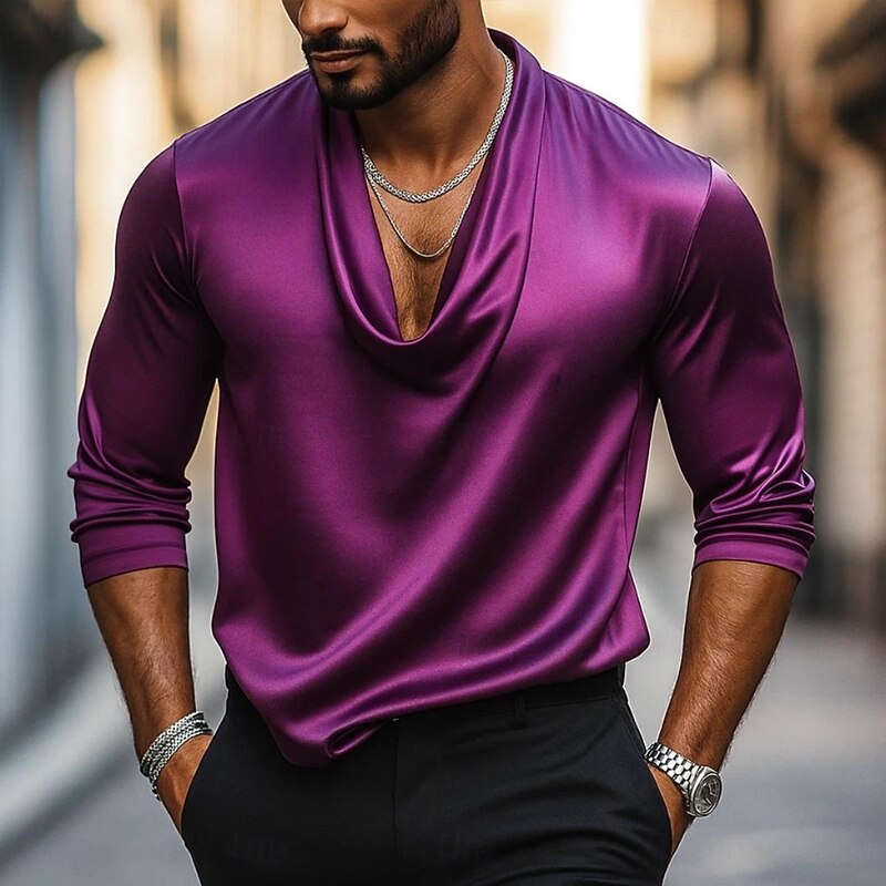 Men's Shirt Silk Like Satin Shirt Casual Shirt Plain Formal Wedding Black White Navy Blue Gold Long Sleeve Cowl Neck Spring &  Fall All Seasons Clothing Apparel Ruched2