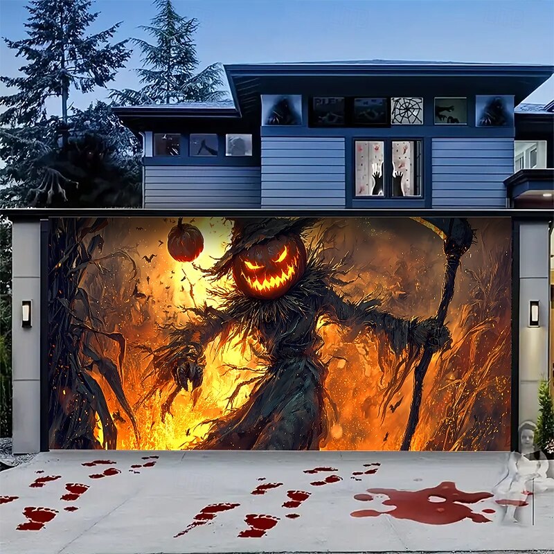 Halloween Tapestry Garage Door Cover Large Hanging Backdrop Scarecrow 3D Dark Punk Gothic Style Party Outdoor Shooting Backgrounds Yard Haunted House Home Decor2