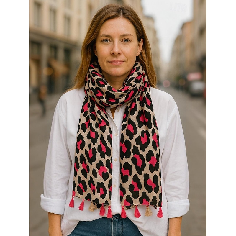 Women's Leopard Print Tassel Scarf – Soft Lightweight Oversized Wrap/Shawl with Fringe, Chic Boho Style for Fall/Winter, Casual Outfits, Office, Travel & Gift Giving3