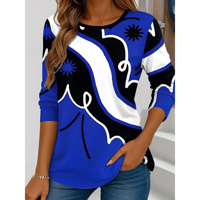 Women's T Shirt Graphic Geometric Vintage Stylish Casual Long Sleeve Crew Neck Regular Tops Daily Print Red Royal Blue Purple Green Spring Fall Winter