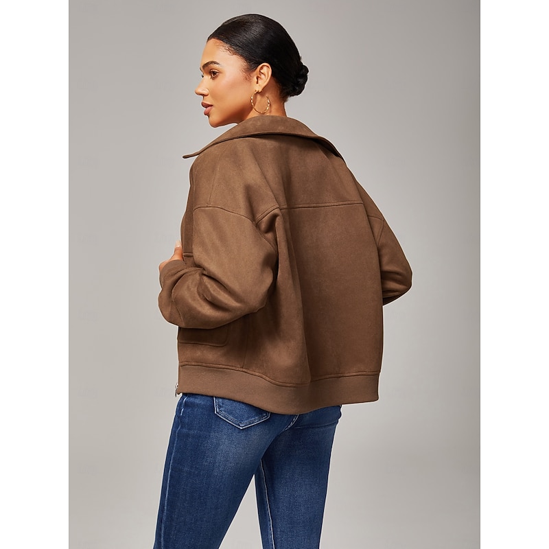 Women's Relaxed Faux Suede Zip Jacket Lapel Collar Ribbed Trim Zipper Closure with Pockets Lined Casual Stylish Daily Fall3
