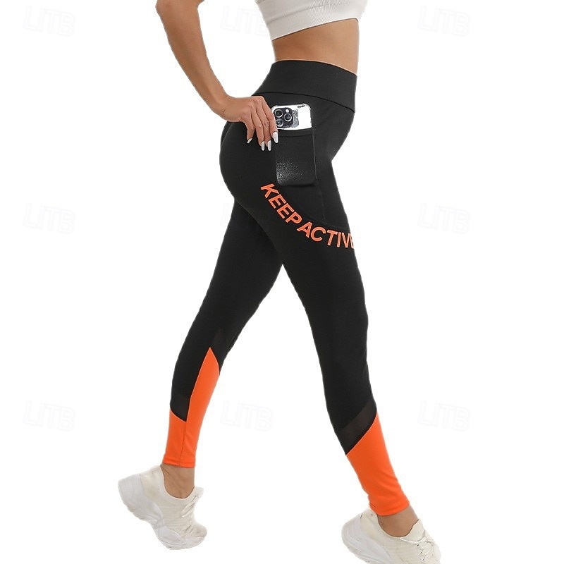 Women's high-waisted stretchy butt-lifting orange color block yoga pants for gym and casual wear