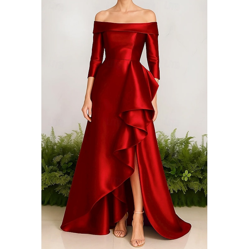 A-Line Evening Gown Stretch Satin Ruffle Dress Elegant Dress Formal Wedding Sweep / Brush Train 3/4 Sleeve Off Shoulder with Slit 2025