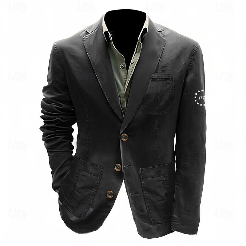 Men's Letter Printed 1776 Blazer Cotton Suit Jacket Suits Coat Casual Outdoor Dailywear Multiple Pockets Three Button Stripe Lined Suit Jacket Fall Winter Notch lapel collar Long Sleeve Black khaki