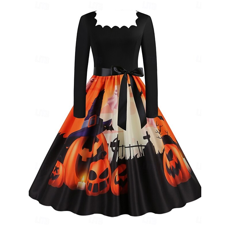 Halloween Women's Castle Print Midi Dress A Line Dress Casual Daily Holiday Regular Fit Pumpkin Long Sleeve Square Neck Dark Yellow Black Yellow Orange Summer Spring Fall3