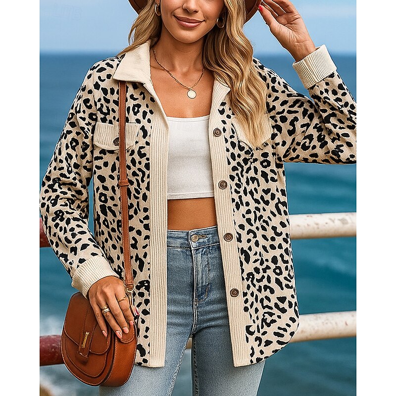 Women's Fall Outfits Shirts Jacket Coats Buttons Long Sleeve Top Athleisure Fall Leopard Fashion Outdoor Travel Sportswear Activewear Pink Blue Beige3