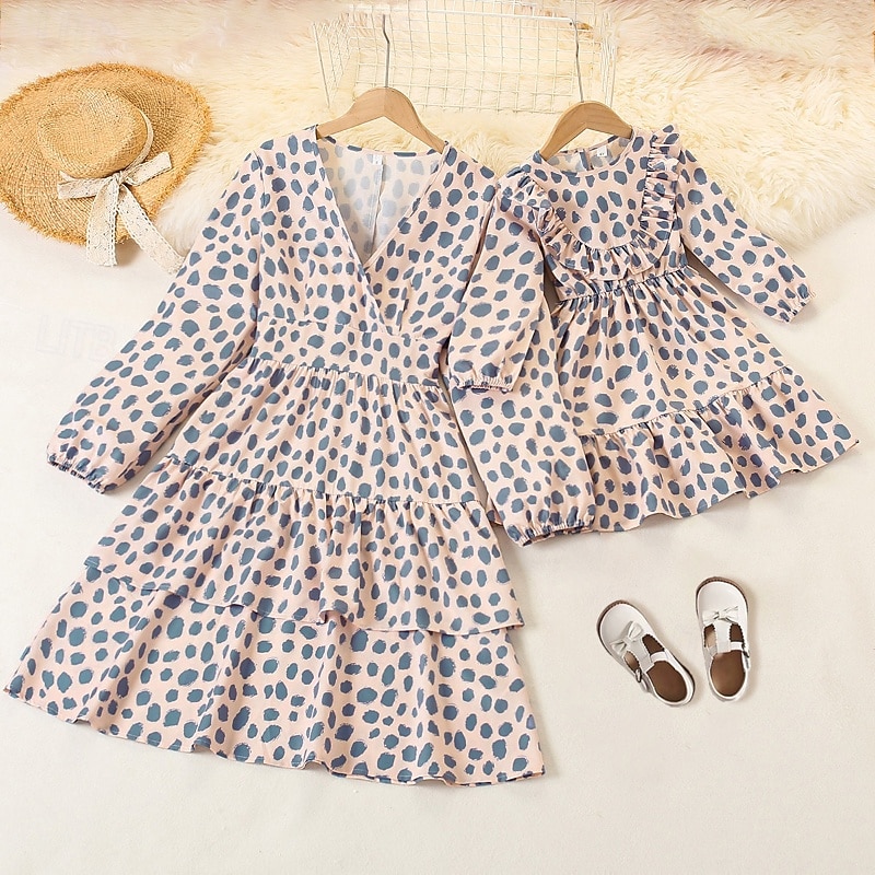 Mommy and Me Dresses Polka Dot Street Print Khaki Long Sleeve Midi Active Matching Outfits2
