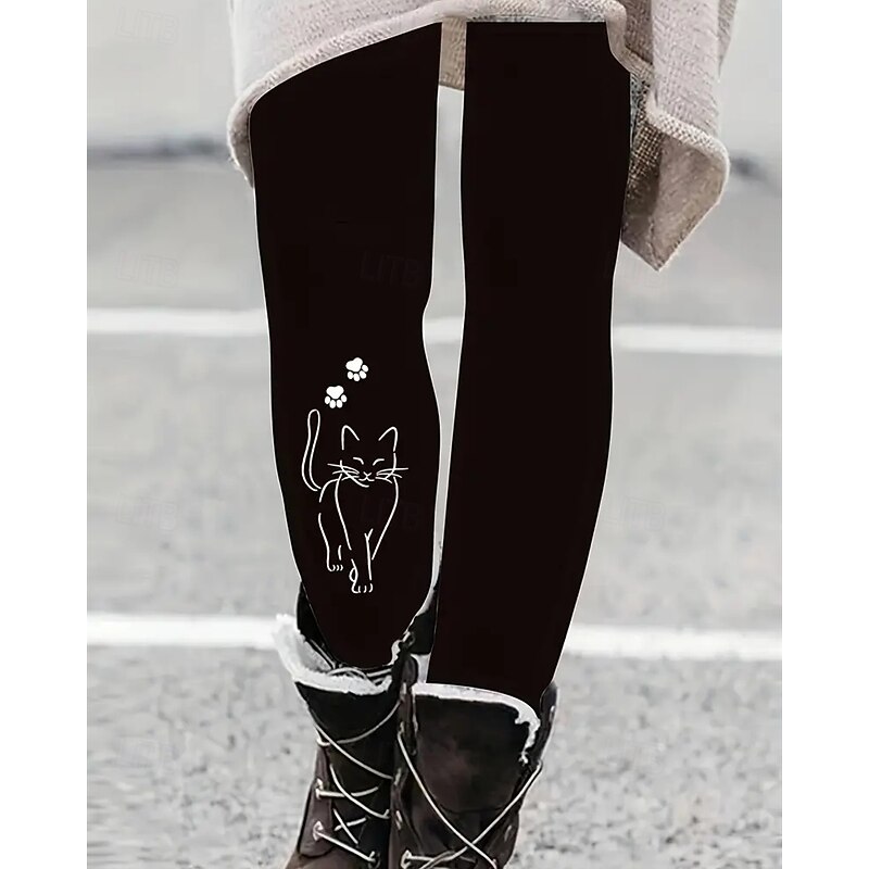 Women's Pants Trousers Leggings Cozy Leggings Streetwear Casual Full Length High Waist Cat Elastic Waist Print Breathability Comfortable Stretchy Vacation Street Daily Wear Black Summer Spring Fall
