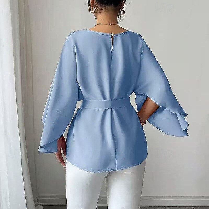 Women's Shirt Plain Elegant Vintage Daily Long Sleeve Half Sleeve Flutter Sleeve Crew Neck Regular Tops Work Daily Holiday Blue (with belt) Summer Spring Fall2