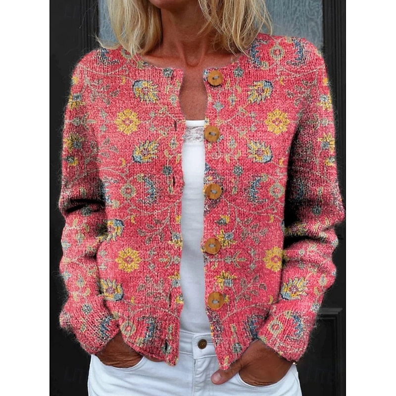 Women's Cardigan Sweater Knitted Ribbed Button Front Round Neck Long Sleeve Lightweight Daily Floral Crew Neck Buttons Print Regular Tops Knit Outdoor Weekend Red Green Spring Fall3