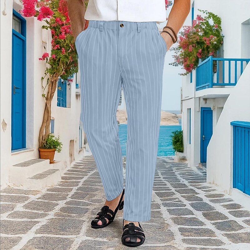 Men's Dress Pants Linen Pants Trousers Summer Pants Baggy Pants Pocket Straight Leg Striped Comfort Breathable Full Length Vacation Daily Holiday Vacation Hawaiian Black White Inelastic4