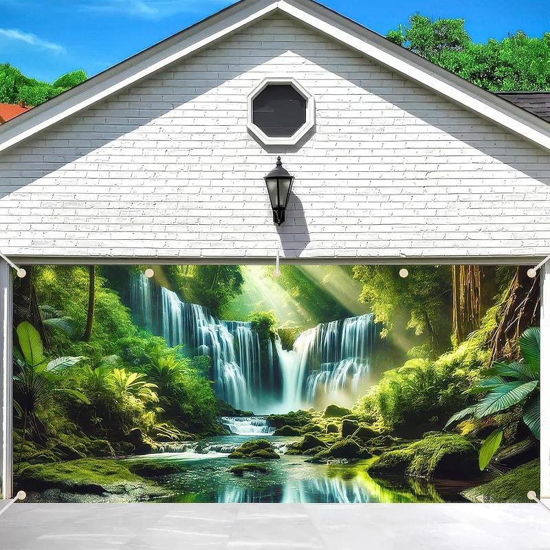 Garage Door Cover Large Hanging Backdrop Waterfall Jungle Forest Rustic Cottagecore 3D Party Outdoor Shooting Backgrounds Front Door Home Decor
