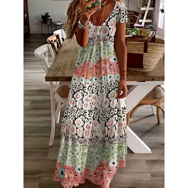 Women's Floor length Casual Dress A Line Dress Summer Dress Elegant Bohemia Vacation Regular Fit Ombre Floral Graphic Short Sleeve U Neck Light Green Summer Spring Fall