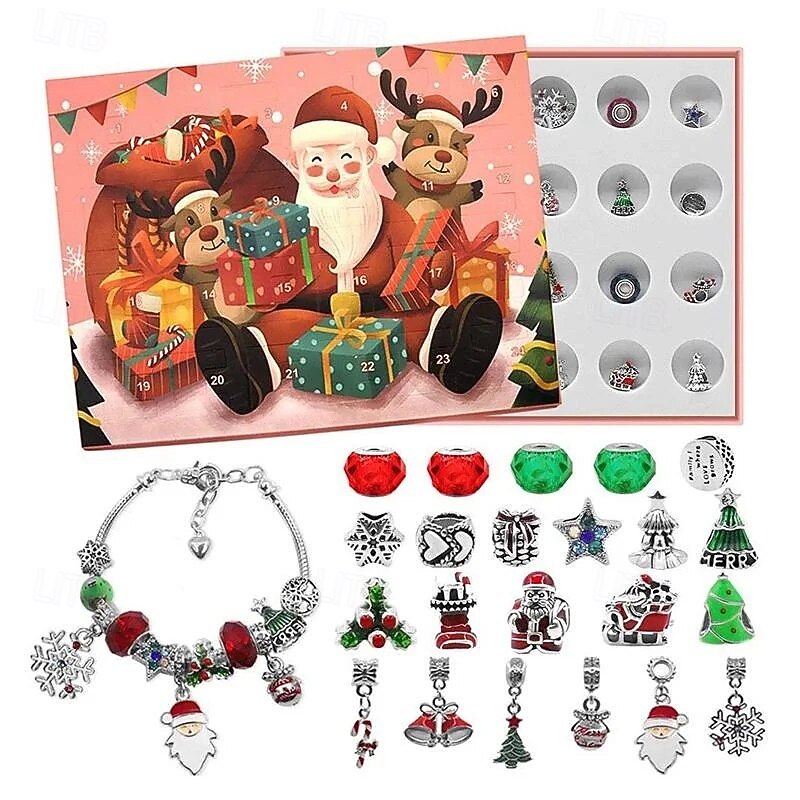 Christmas Advent Calendar DIY Bracelet 24-Day Kids Gift Jewelry Craft Set, DIY Beads & Charms Blind Box, Handmade Love Bracelet Gift for Children4