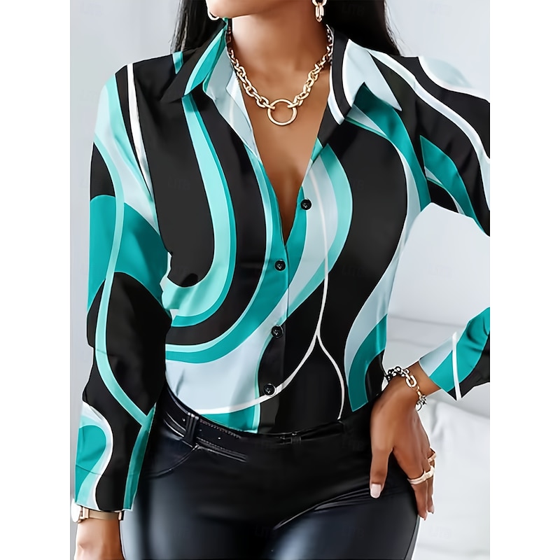 Women's Work Shirt Graphic Geometric Elegant Stylish Modern Long Sleeve Shirt Collar Regular Tops Work Party Evening Wear Daily Blue Purple Khaki Fall Winter Spring, Fall, Winter, Summer2