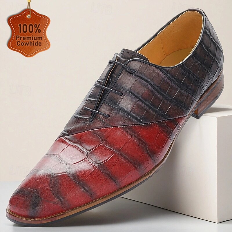 Men's Red Black Crocodile Pattern Leather Oxford Shoes – Luxury Lace-Up Formal Dress Footwear for Business, Weddings and Parties