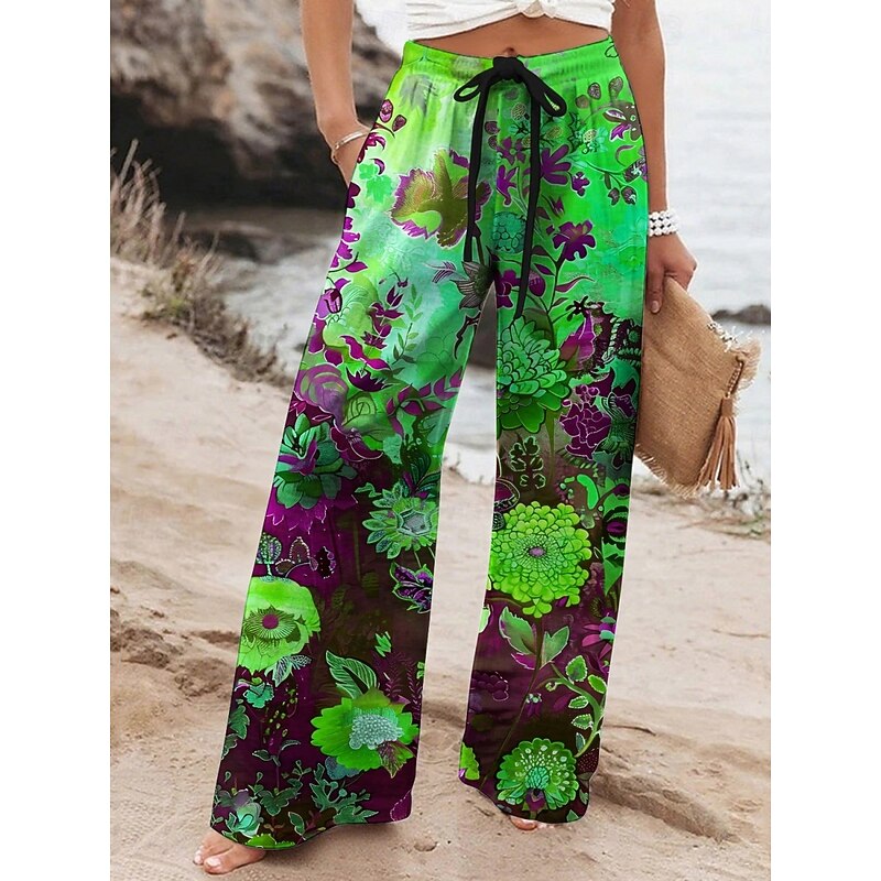 Women's Wide Leg Pants Trousers Vacation Casual Long High Waist Floral Elastic Waist Printing High Cut Breathability Soft Micro-elastic Vacation Street Daily Wear Red Green Spring Fall Regular Fit