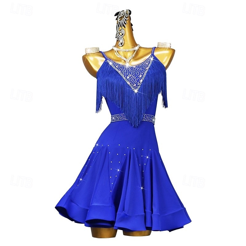 Latin Salsa Dance Dress Rhinestone Tassel Pure Color Women's Performance Training Sleeveless Spandex3