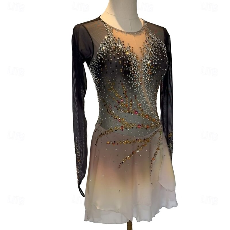 Figure Skating Dress Women's Girls' Ice Skating Dress Black Golden Patchwork Thumbhole Mesh Spandex High Elasticity Training Competition Skating Wear Classic Crystal / Rhinestone Long Sleeve Ice4