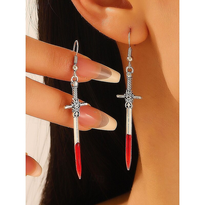 Women's Halloween Gothic Dangle Earrings Set — Assorted Skeleton, Skull & Blood Sword Drops, Lightweight Alloy Hook Design with Red Enamel Accents, Statement Jewelry for Costume Parties3