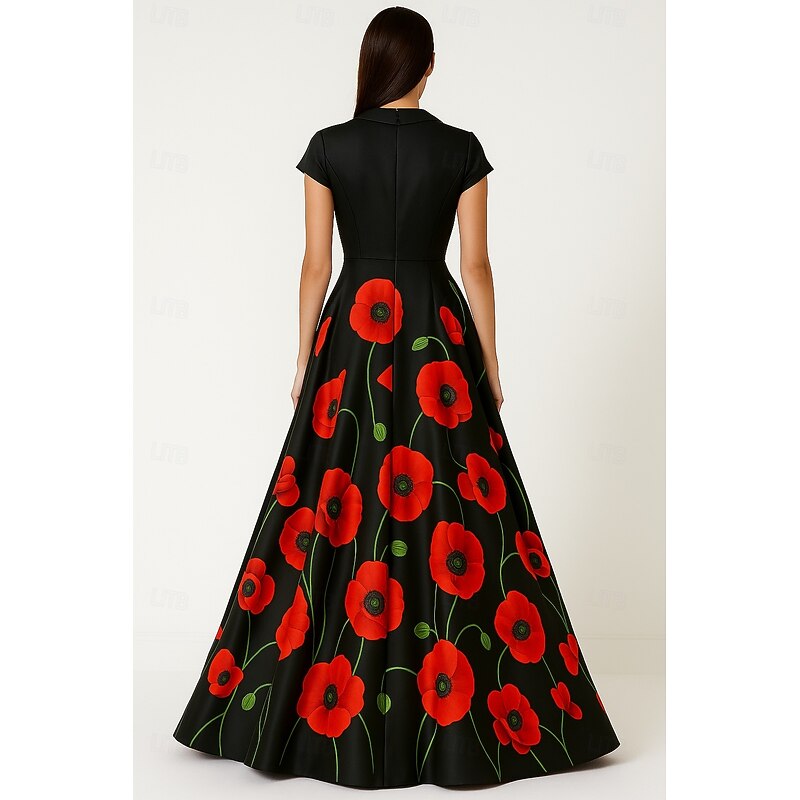 A-Line Evening Gown Elegant Formal Dress Formal Wedding Floor Length Short Sleeve Shirt Collar Pocket Satin with Floral Print Pocket 20252