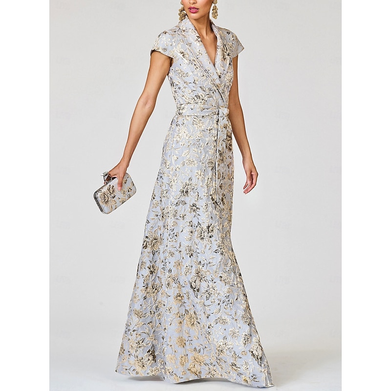 A-Line Mother of the Bride Cocktail Dresses Elegant Formal Dress Formal Wedding Floor Length Short Sleeve Lapel Pocket Nylon with Bow(s) Slit Pocket