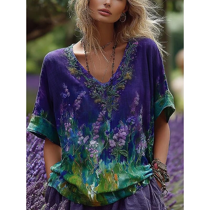Women's T Shirt Floral Fashion Modern Half Sleeve V Neck Regular Tops Daily Print Purple Summer