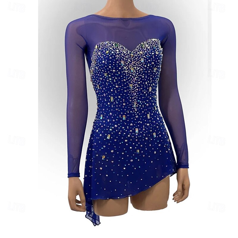 Figure Skating Dress Women's Girls' Ice Skating Dress Royal Blue Open Back Asymmetric Hem Mesh High Elasticity Training Competition Skating Wear Classic Crystal / Rhinestone Long Sleeve Ice Skating Figure