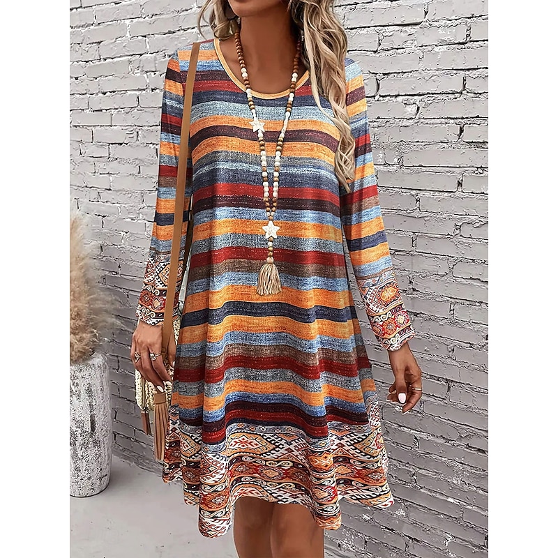 Women's Knee Length Dress Knit Dress Casual Dress T Shirt Dress Tee Dress A Line Dress Casual Regular Fit Graphic Geometric Stripe Long Sleeve Crew Neck Orange Spring Fall Winter