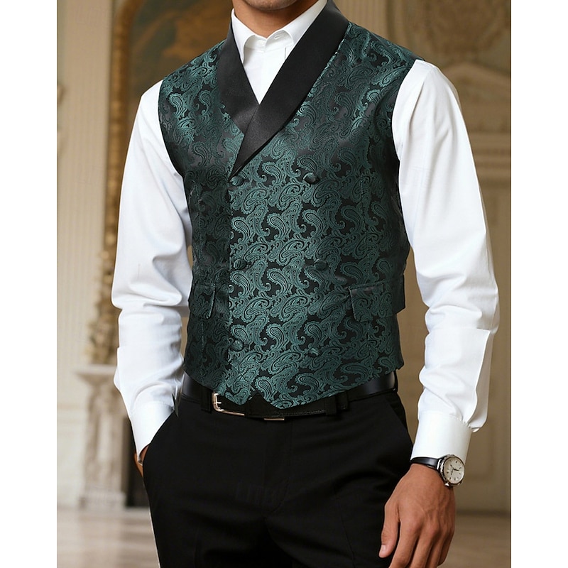 Men's Vest Waistcoat Gilet Vacation Party Business Fashion Casual Spring Fall Pocket Buttons Polyester Comfortable Paisley Single Breasted One-button Lapel Regular Fit Dark Green Vest