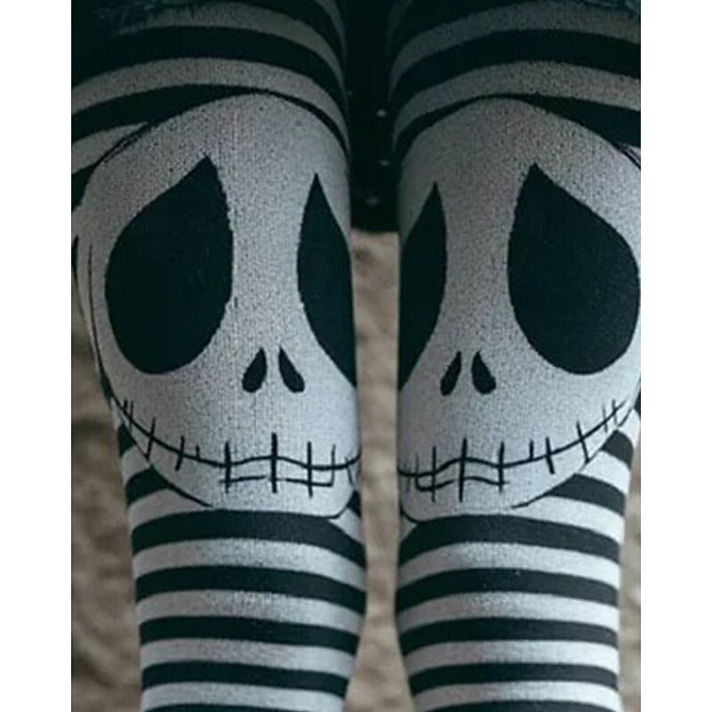 Women's Pants Trousers Leggings Cozy Leggings Streetwear Casual Full Length High Waist Skull Stripe Elastic Waist Print Breathability Comfortable Stretchy Vacation Street Daily Wear White Spring Fall2