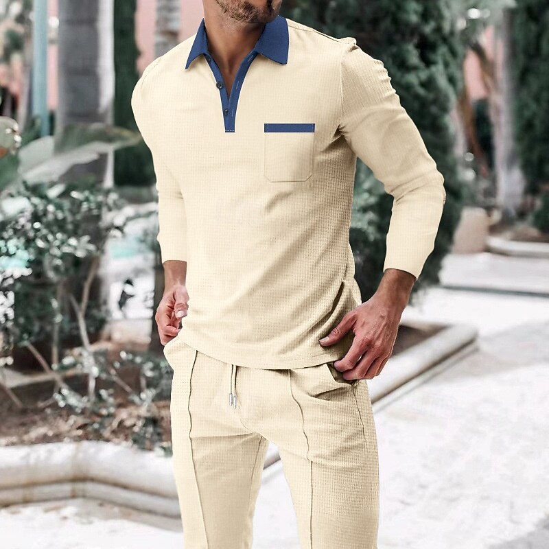 Men's Waffle Polo Shirts Golf Shirt Work Casual Lapel Long Sleeve Basic Modern Color Block Pocket 2 Piece Spring Fall Regular Fit Black Royal Blue Khaki Gray Waffle Polo Shirts2
