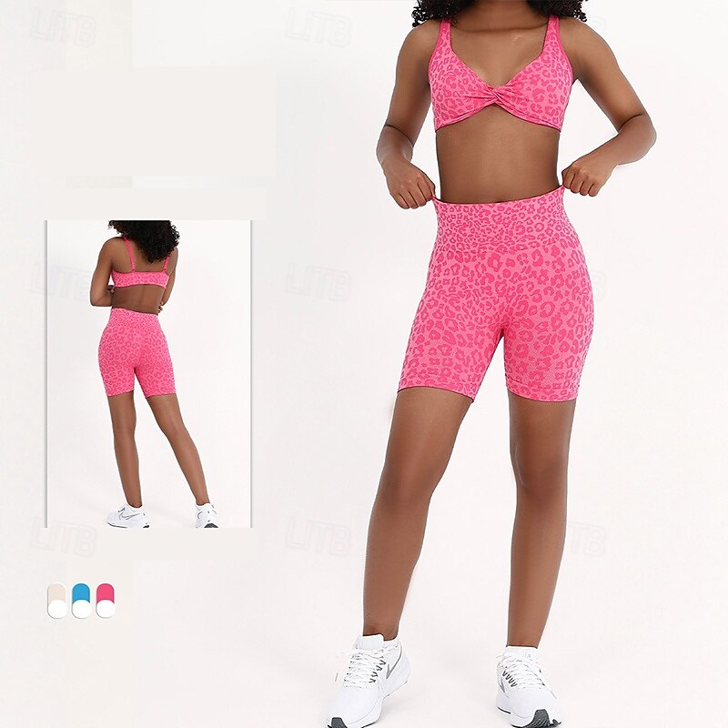 Women's 2 Pieces Yoga Sweatsuit Sports Bras Lounge Outfits  Leopard Clothing Suit White Pink Gym Workout Athletic High Waist Stretchy Breathable Tummy Control Sleeveless Sport Activewear