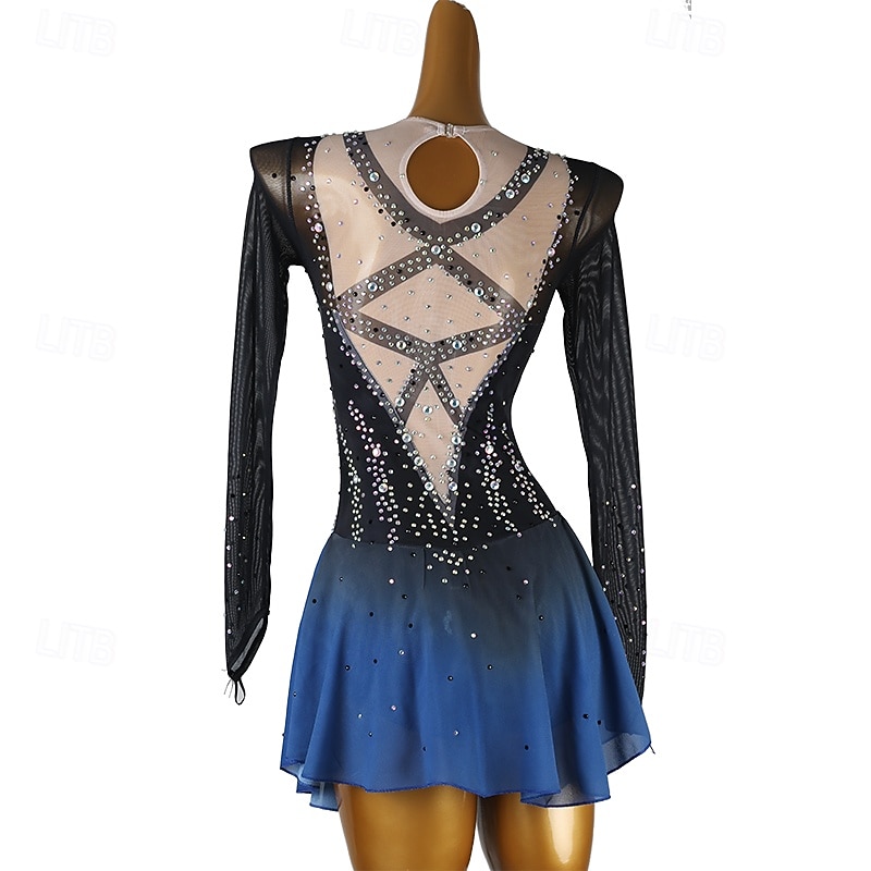 Figure Skating Dress Women's Girls' Ice Skating Dress Black+Red Blue Black Patchwork Open Back Mesh Spandex High Elasticity Training Practice Professional Skating Wear Classic Crystal / Rhinestone4