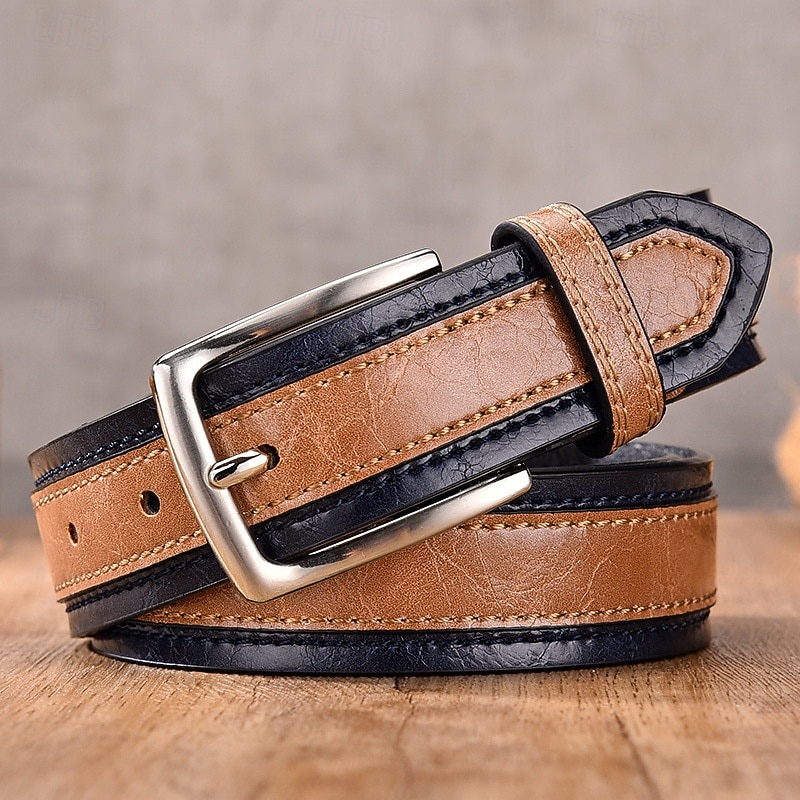Men's Belt Waist Belt Kakhi Camel PU Leather Alloy Durable Adjustable Color Block Outdoor Daily