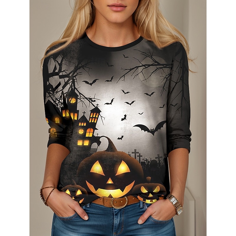 Halloween Women's T shirt Pumpkin Graphic Vintage Stylish Casual Long Sleeve Crew Neck Regular Tops Daily Print Black Blue Orange Fall Winter2