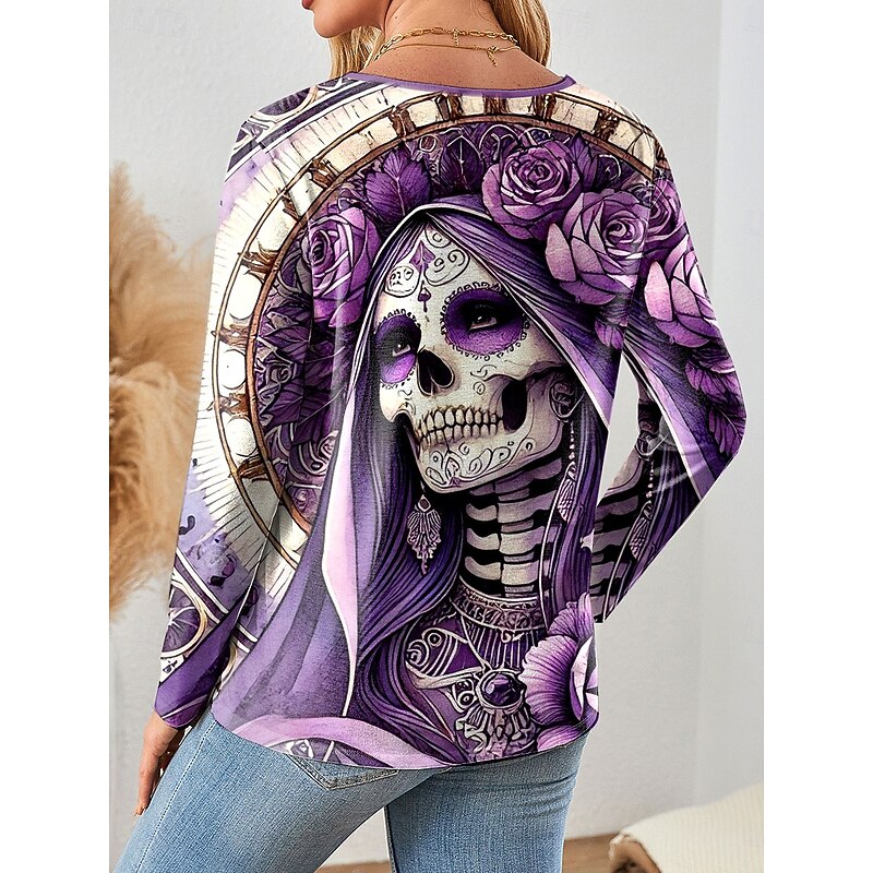 Halloween Women's T Shirt Skulls Graphic Vintage Stylish Classic Long Sleeve V Neck Regular Tops Daily Cut Out Print Pink Blue Purple Green Spring Fall2
