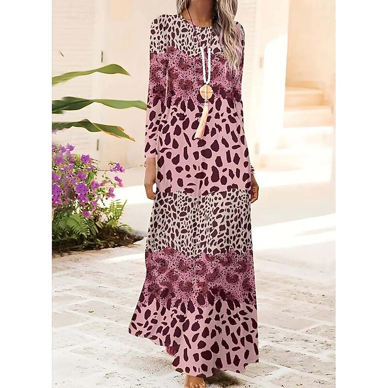 Women's Maxi Dress Shift Dress A Line Dress Party Casual Boho Daily Date Going out Regular Fit Graphic Animal Leopard Long Sleeve Crew Neck Pink Blue Brown Green Spring Fall Winter Autumn2