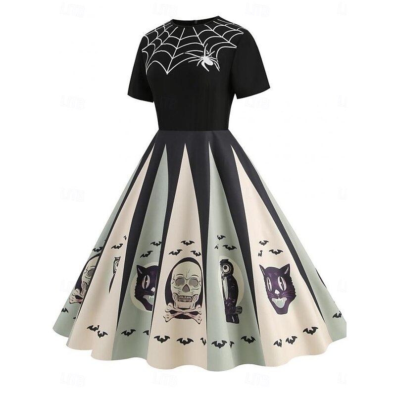 Halloween Women's Spider Web Print Midi Dress A Line Dress Casual Daily Holiday Regular Fit Pumpkin Spider web Short Sleeve Crew Neck Black Blue Orange Apricot Summer Spring Fall2