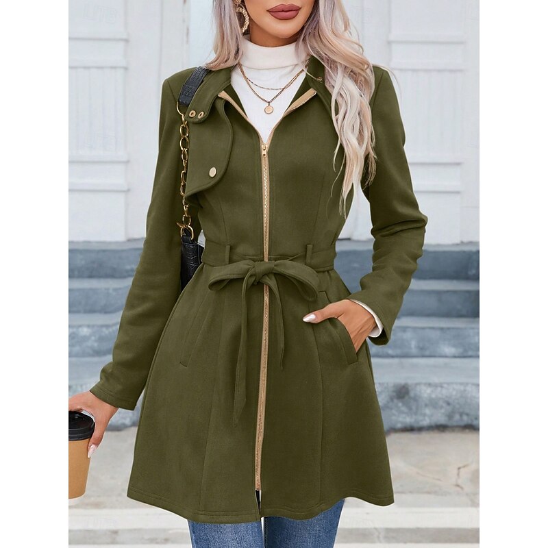 Women's Casual Jacket Warm Comfortable Lace up Zipper Pocket Casual Plain Vacation Street Casual Daily Wear Zipper Long Stand Collar Slim Long Sleeve Outerwear Black Pink Green Spring Fall3