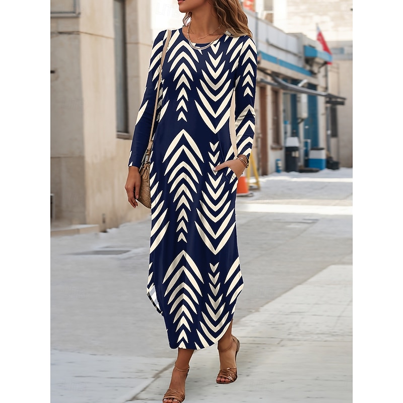 Women's Maxi Dress Sheath Dress T Shirt Dress Tee Dress Vacation Casual Holiday Date Regular Fit Graphic Geometric Long Sleeve Crew Neck Yellow Navy Blue Blue Orange Spring Fall4