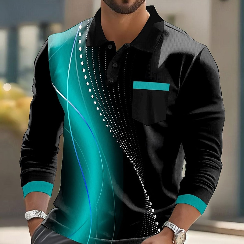Men's Geometric Polo Long Sleeve Polo Shirts Lapel Casual Business Casual Athleisure Daily Wear Pocket 3D Print Buttons Spring Fall Lake blue Red Blue2