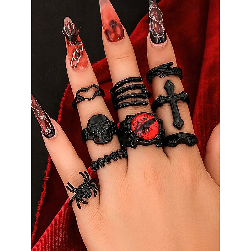 Women's Gothic Acrylic Alloy Ring Set - Halloween themed skull, Cross, Spider and chain design with black details, Perfect for masquerade parties and alternative fashion